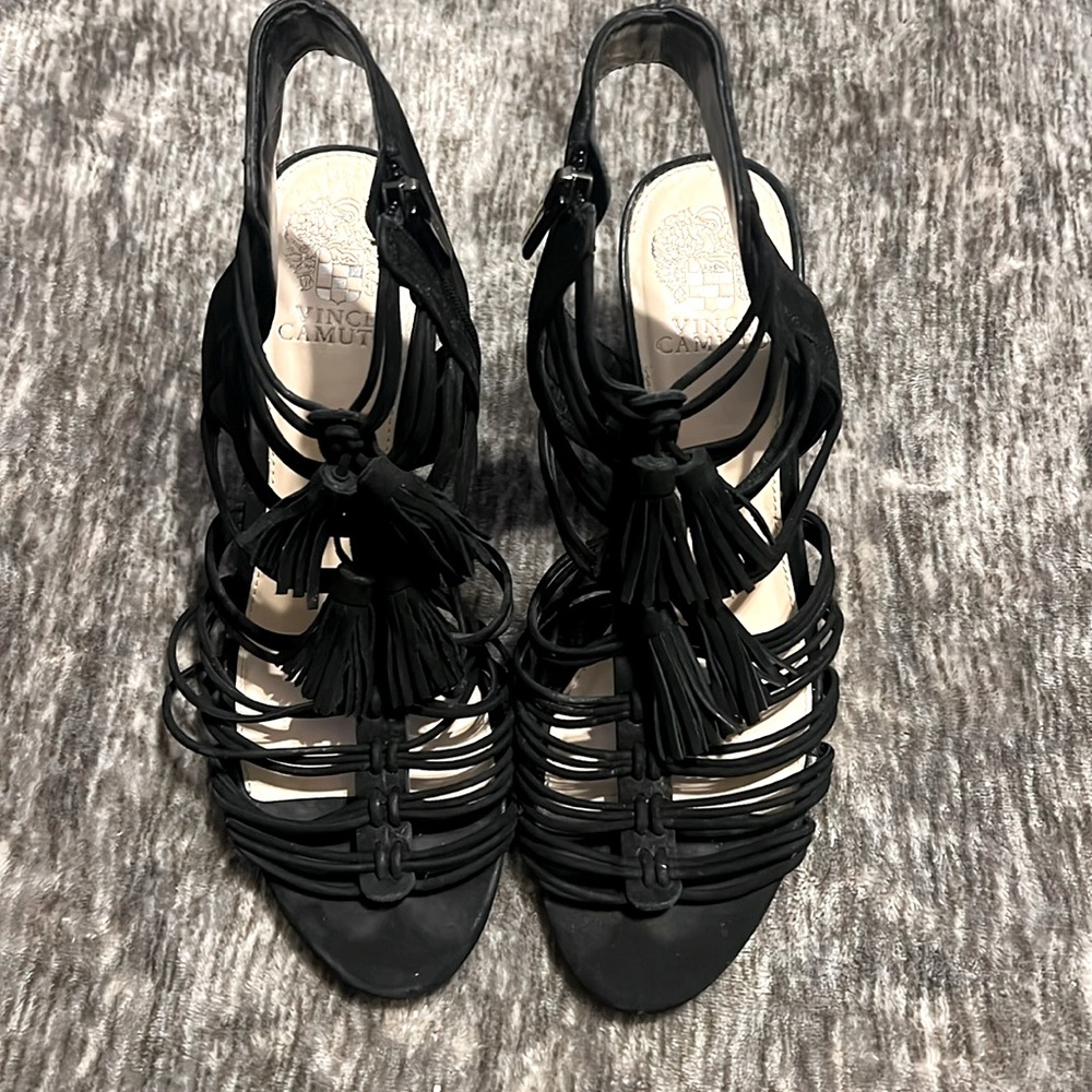 Vince Camuto Edola heeled gladiator peep toe sandals in black suede size 9M